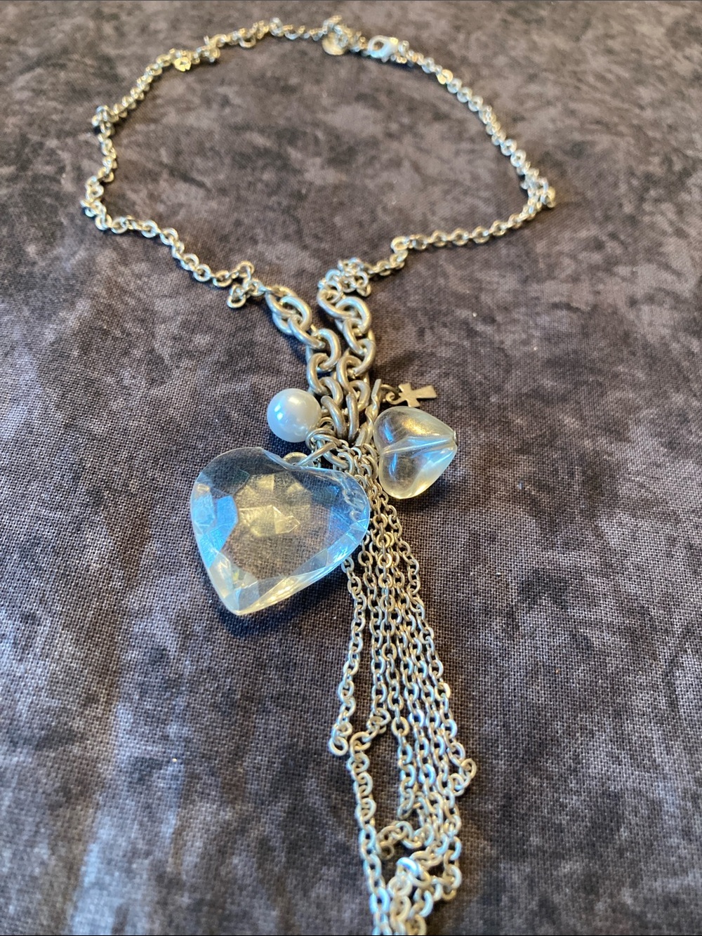 Chunky Double Clear Heart Pendants &  Tassel Necklace - Silver Tone